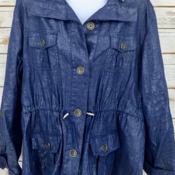 CHICO's Anorak Utility Metallic Blue Chambray Jacket Women's Size 1 (8/1… - Picture 14 of 16